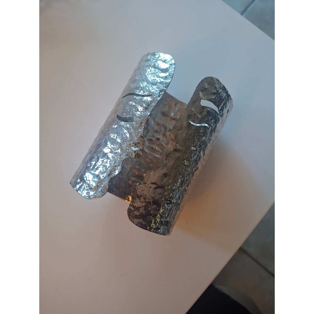 Silver Hammered Metal Wide Cuff Bracelet Silhouette Face Profile Statement